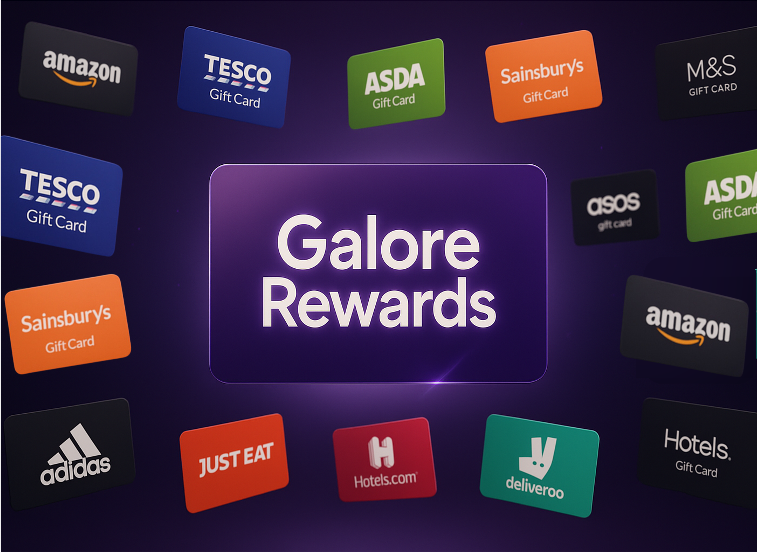 Galore digital gift cards in various values, featuring popular brands like ASDA and Amazon on a dark purple background.