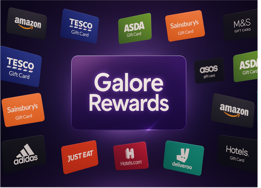 Galore digital gift cards in various values, featuring popular brands like ASDA and Amazon on a dark purple background.