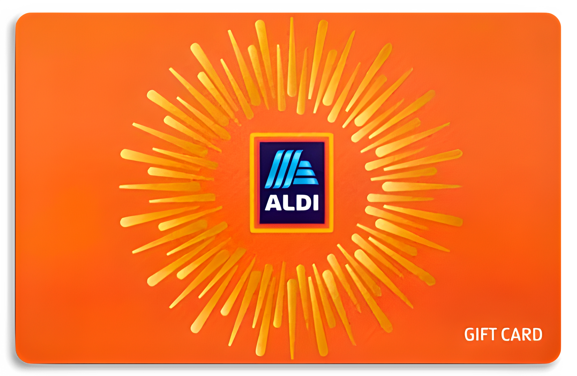 Orange Aldi digital gift card featuring a sunburst design and logo, available in multiple values.