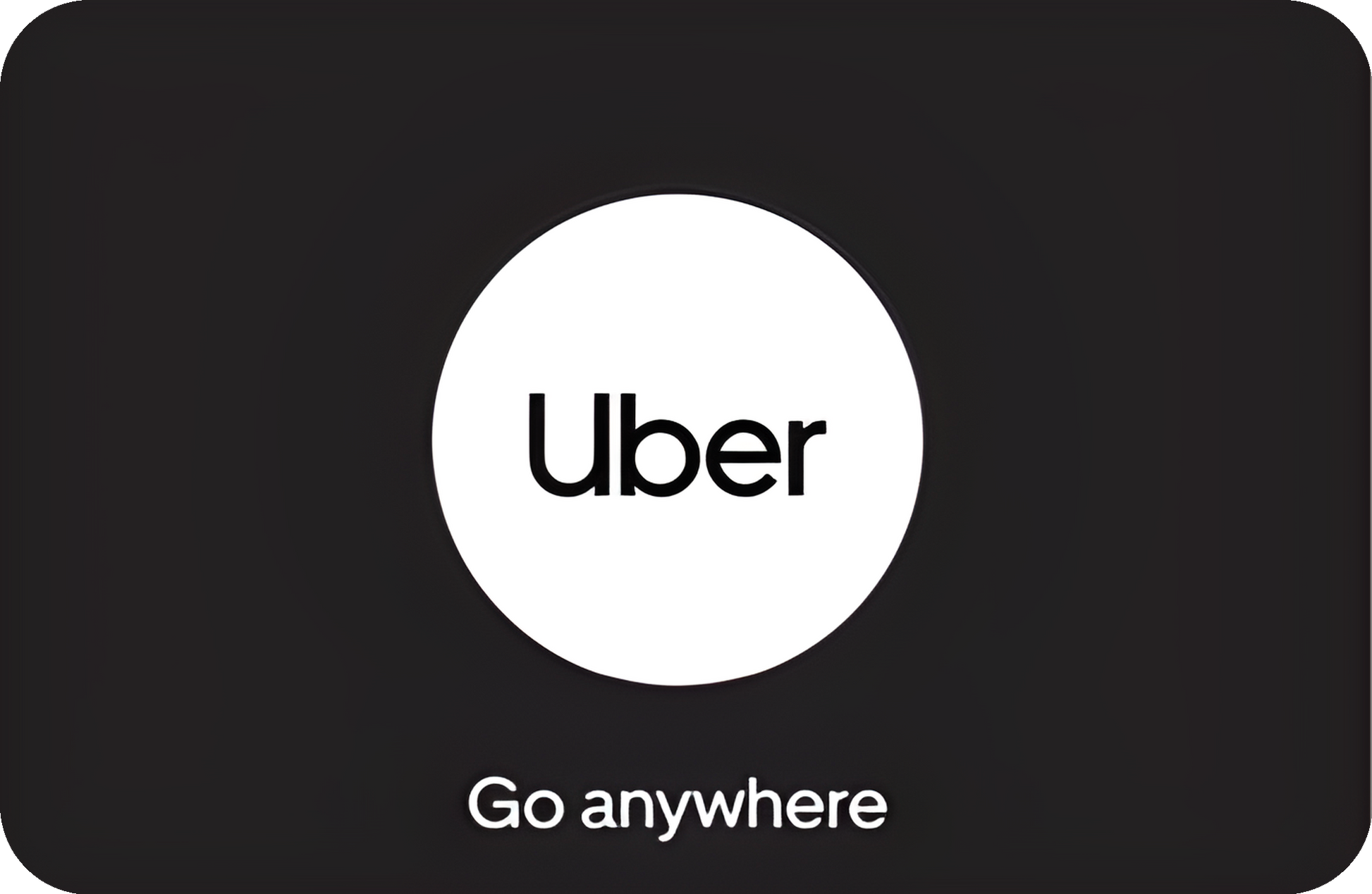 Uber Gift Card UK by Galore featuring a black background, white circular logo, and "Go anywhere" tagline.