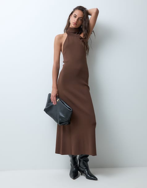 Bronze Snake halterneck high neck maxi knit dress in brown - view 1