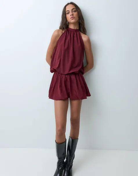 Bronze Snake halterneck mini dress witth bubble hem in berry - view 1