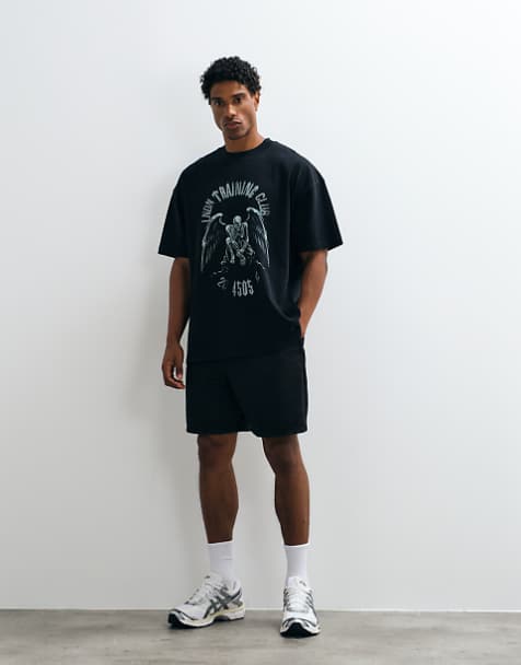 4505 heavyweight cotton oversized t-shirt with chest print in washed black - view 1